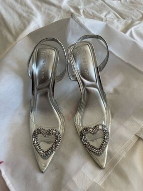 Primark Silver Pointed Slingback Heels with Heart Rhinestone Accent